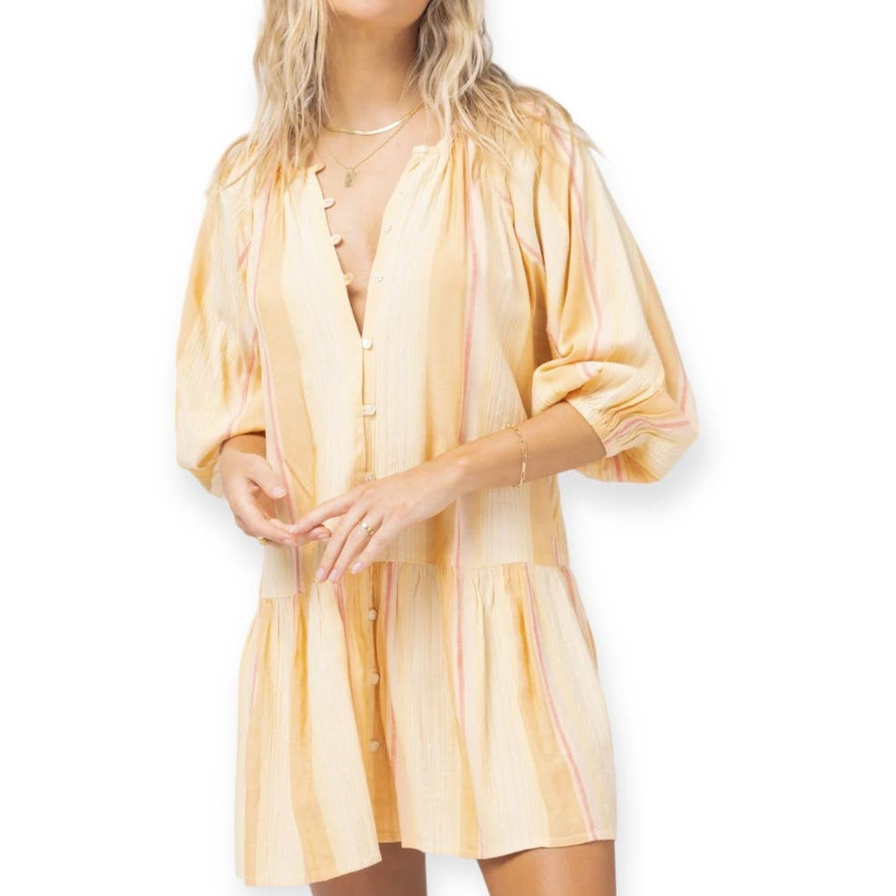 L*Space Women Orange Yellow Striped Vida Balloon Sleeve Mini Dress XS